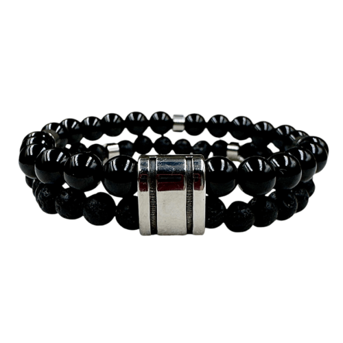 Dla niego męska bransoletka z kamieni szlachetnych turmalin, lawa wulkaniczna i stal szlachetna